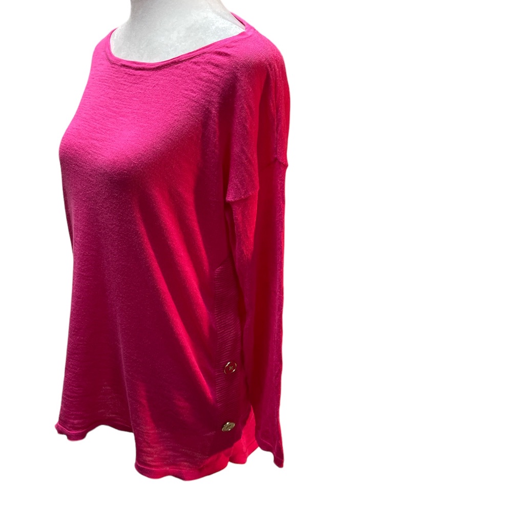 Talbots Pink 3/4 Sleeve Scoop Neck Sweater Gold Buttons On Sides Size Small